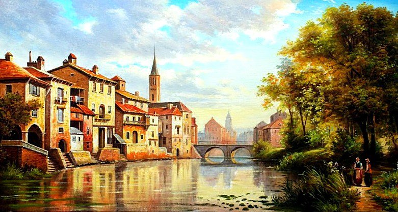 Голландский пейзаж - озеро, домики, пейзаж - оригинал