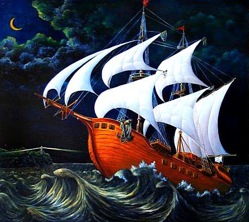 Парусник - море, корабль, шторм, парусник, ночь - оригинал
