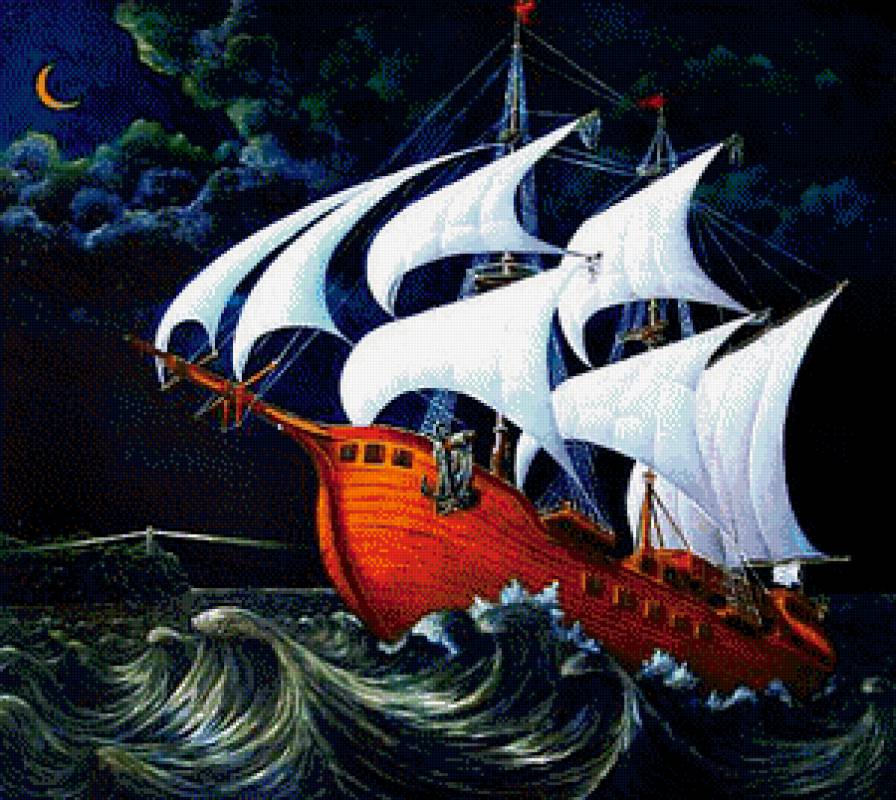 Парусник - ночь, парусник, шторм, корабль, море - предпросмотр