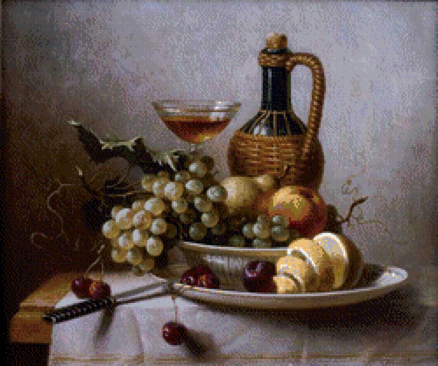 Винный натюрморт - бокал вина, натюрморт, фрукты - предпросмотр