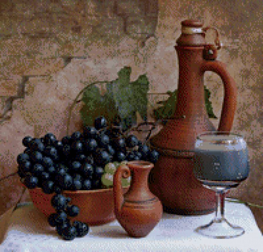Винный натюрморт - бокал вина, натюрморт, фрукты - предпросмотр