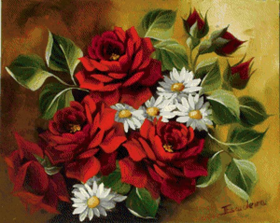 Розы и ромашки - розы, ромашки, букет, цветы - предпросмотр