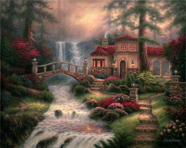 райский уголок - пейзаж, дом, природа, водопад - оригинал