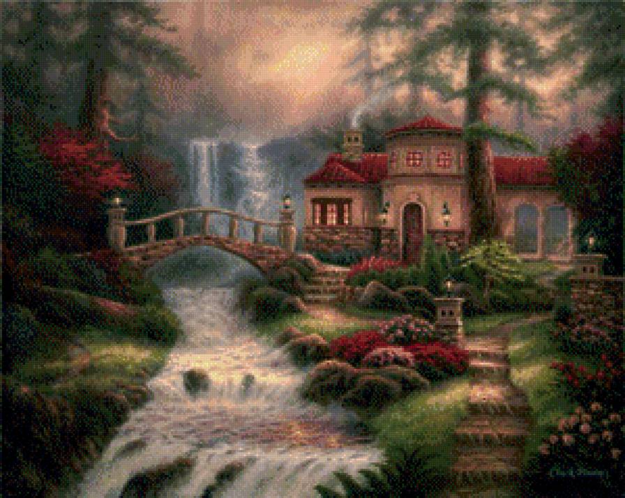 райский уголок - водопад, пейзаж, природа, дом - предпросмотр