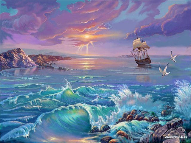закат на море - море, корабль - оригинал