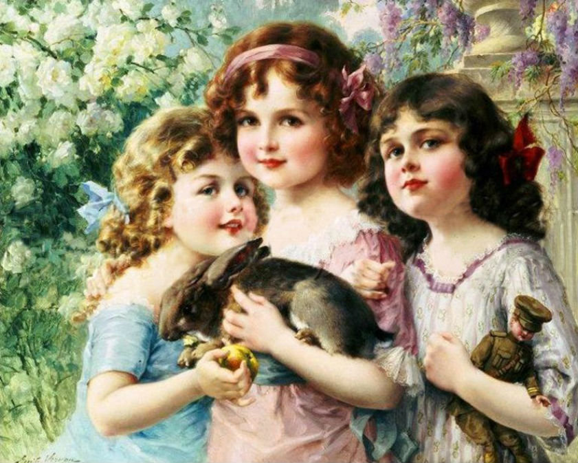красавицы-сестрички с кроликом - счастливое детство - оригинал