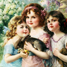 Оригинал схемы вышивки «красавицы-сестрички с кроликом» (№447223)