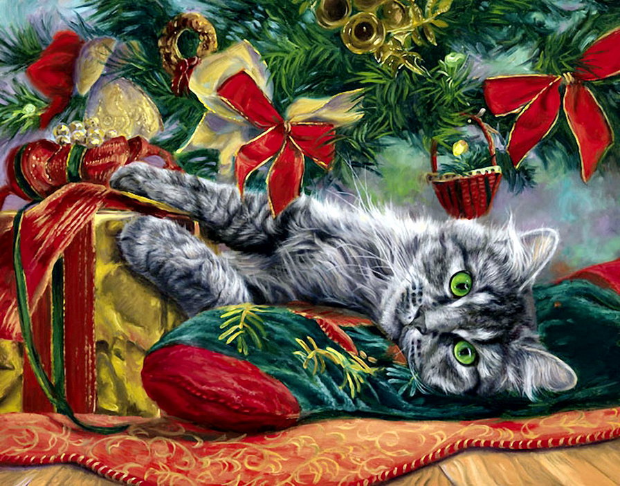 новогодняя - елка, кошка, подарки, кот, носок, взгляд, новый год, игрушки - оригинал