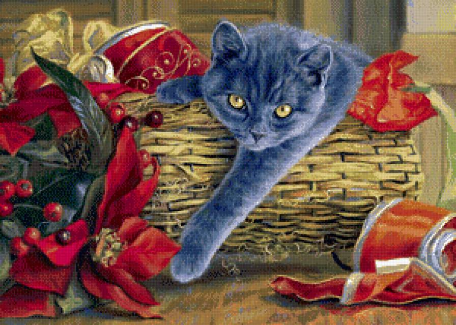 новогодняя - кошка, игрушки, кот, новый год, лента, взгляд, корзина, цветы - предпросмотр
