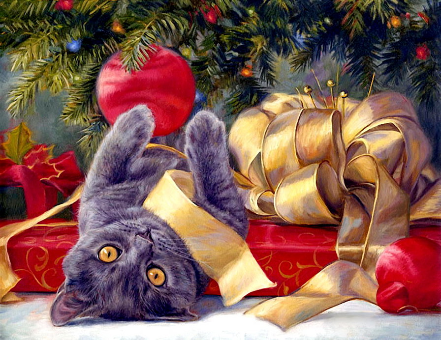 новогодняя - елка, игрушки, кот, кошка, взгляд, подарок, новый год, бант - оригинал
