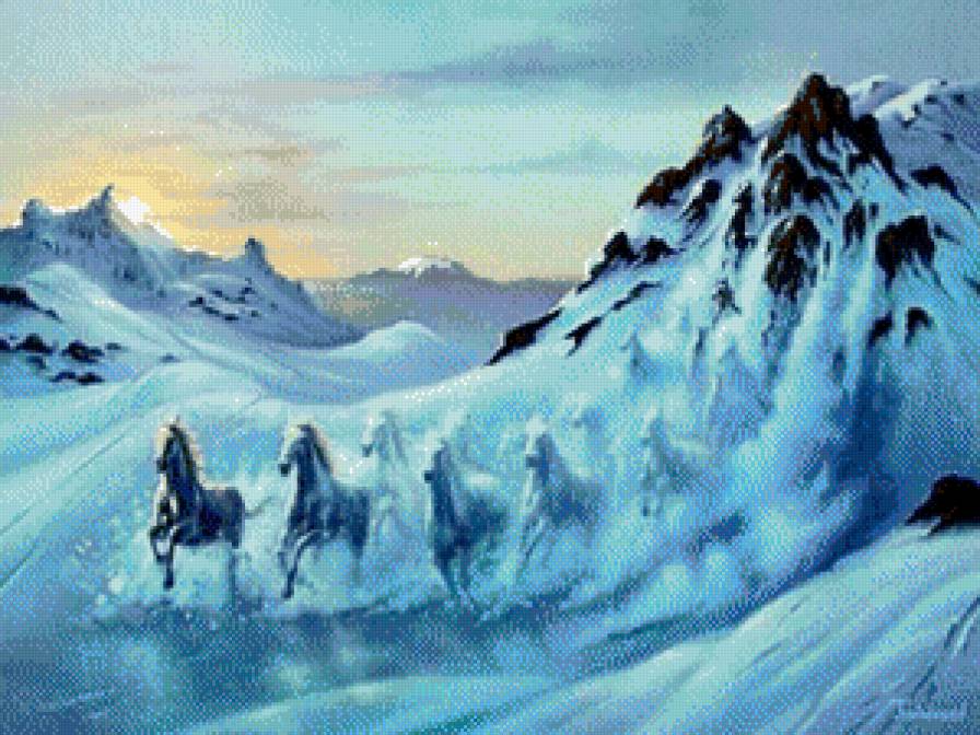 лавина - лошади, горы, снег - предпросмотр
