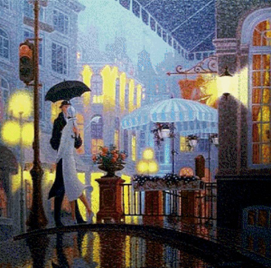 Свидание под дождем - свидание, влюбленные, дождь, двое, вечер, город - предпросмотр