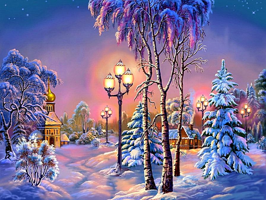 Зимний вечер - парк, зима, фонари, пейзаж, вечер - оригинал