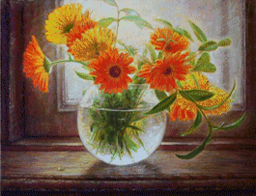 календула в вазе - ваза, цветы, окно. - предпросмотр