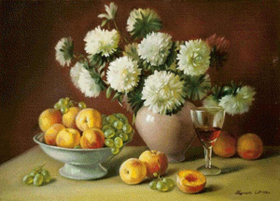 натюрморт - натюрморт, фрукты, цветы - предпросмотр
