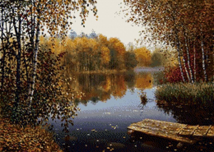 Осенний пейзаж - осень, озеро, пейзаж, березы, лес - предпросмотр