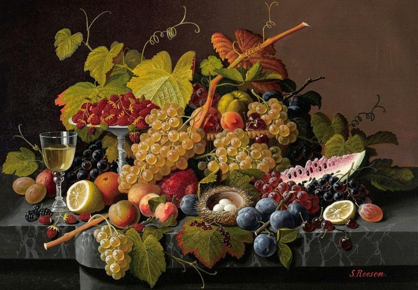 натюрморт - цветы, натюрморт, фрукты - оригинал