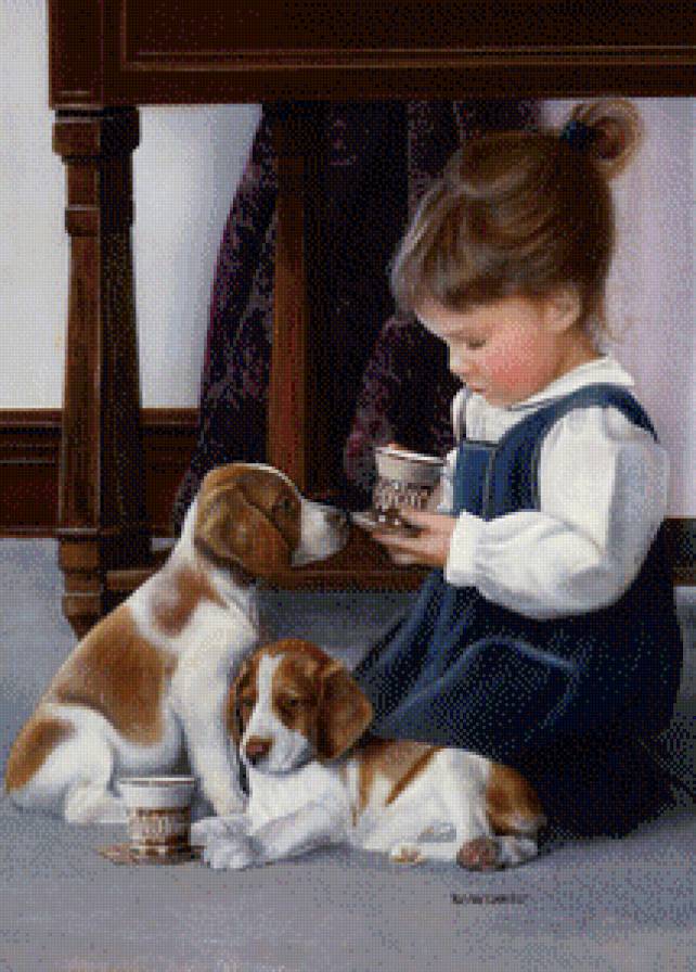 чаепитие - девочка, дети, собаки, живопись, щенки - предпросмотр