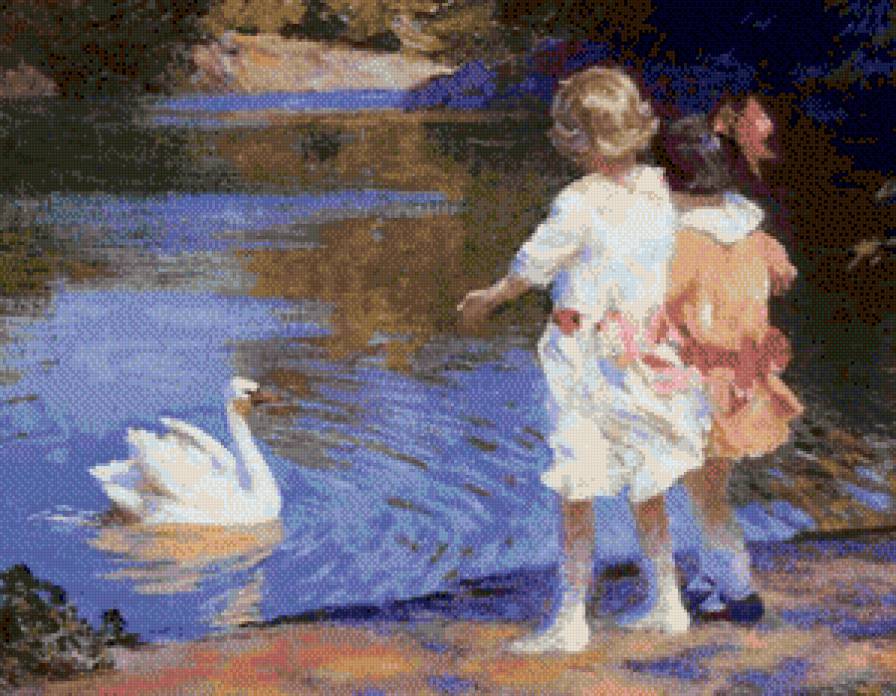 Картина-дети любуются лебедем) - картина, дети, лебедь - предпросмотр