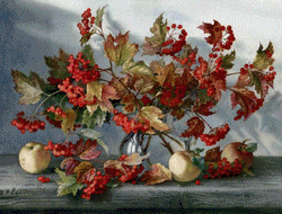 осенний букет - натюрморт, цветы, живопись, ваза, букет, ягоды - предпросмотр