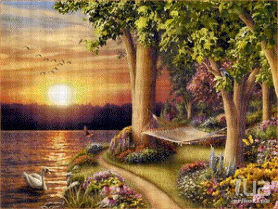 Красивый закат на море - лебедь, пейзаж, море, природа, закат - предпросмотр