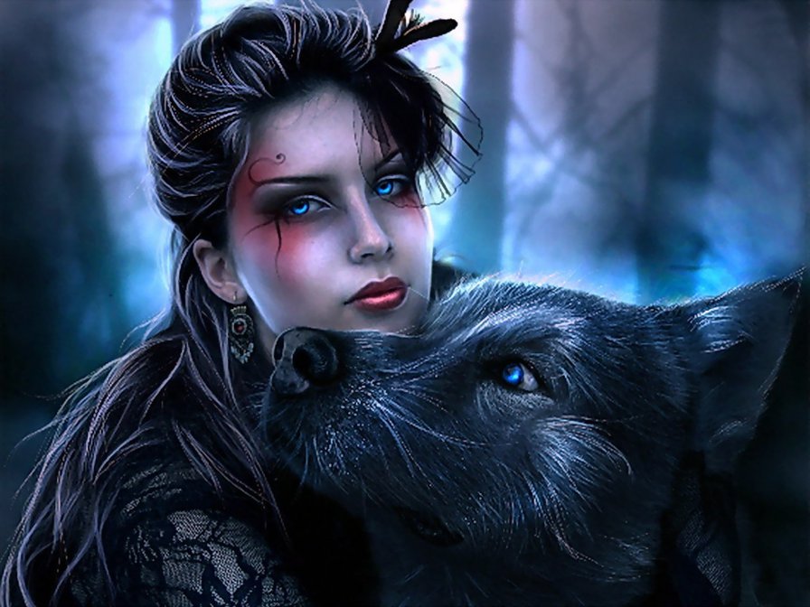 женщина и волк 2 - животные, женщина, волк, люди, хищник - оригинал