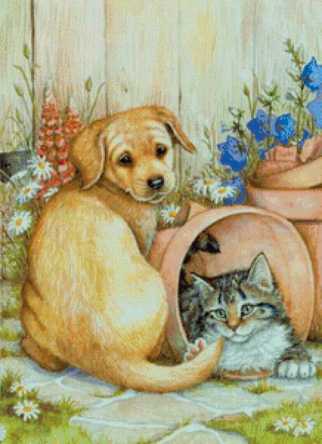 домашние любимцы - котенок, лето, щенки, природа, бабочка, цветы - предпросмотр