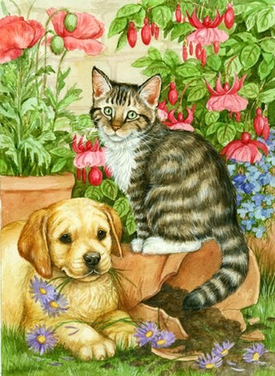 домашние любимцы - лето, цветы, котенок, щенки, природа, бабочка - оригинал