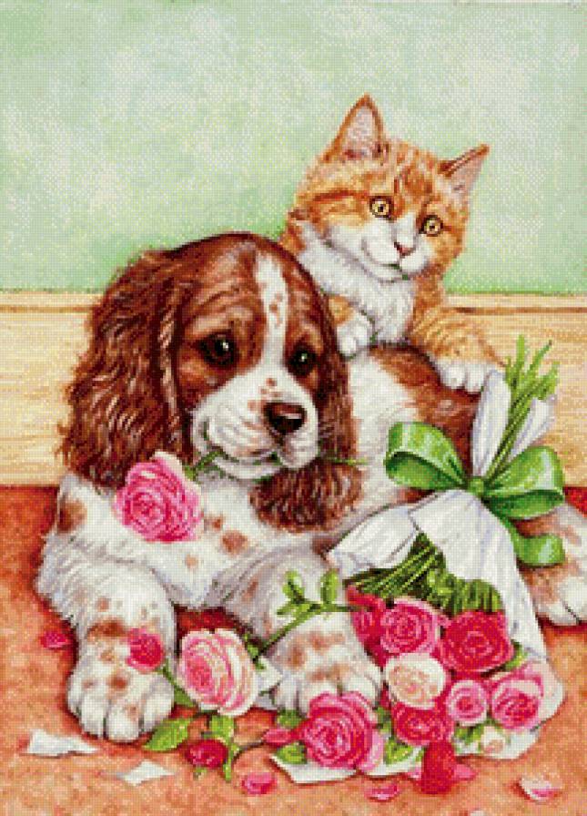 домашние любимцы - котенок, щенок, природа, лето - предпросмотр