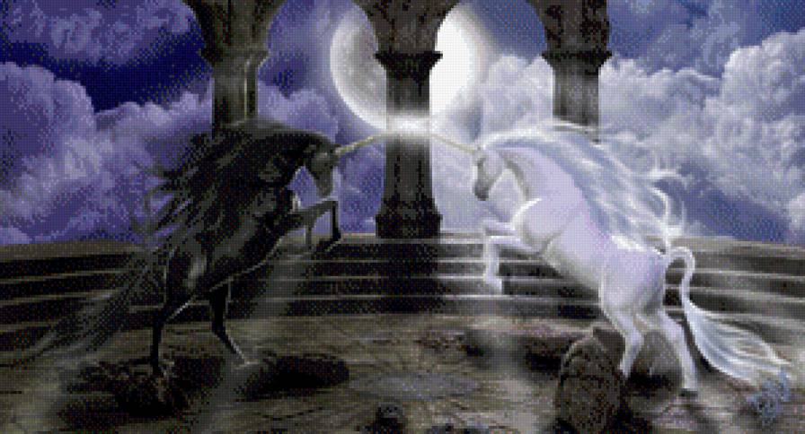 Добро и зло - фэнтези, лошади, единорог - предпросмотр