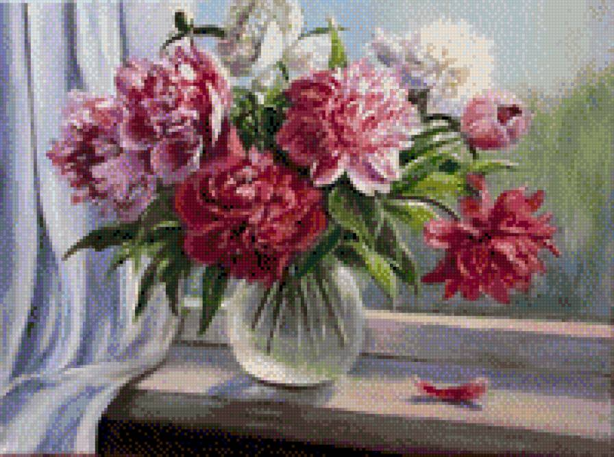 букет пионов - букет, цветы, натюрморт, картина - предпросмотр