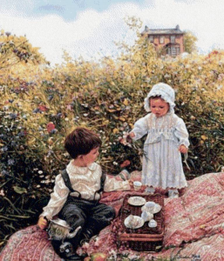 №450093 - живопись, дети, цветы, девочка, мальчик, пейзаж - предпросмотр