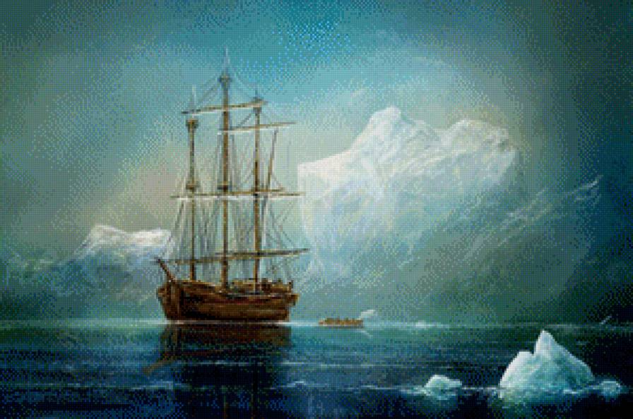 Северное море - пейзаж, море, айсберг, корабль - предпросмотр