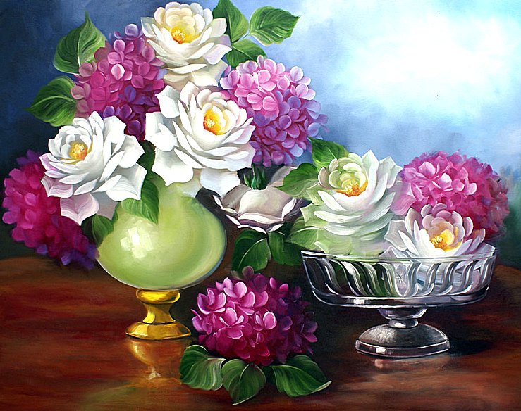Розы и гортензии - цветы, розы, букет, гортензии - оригинал