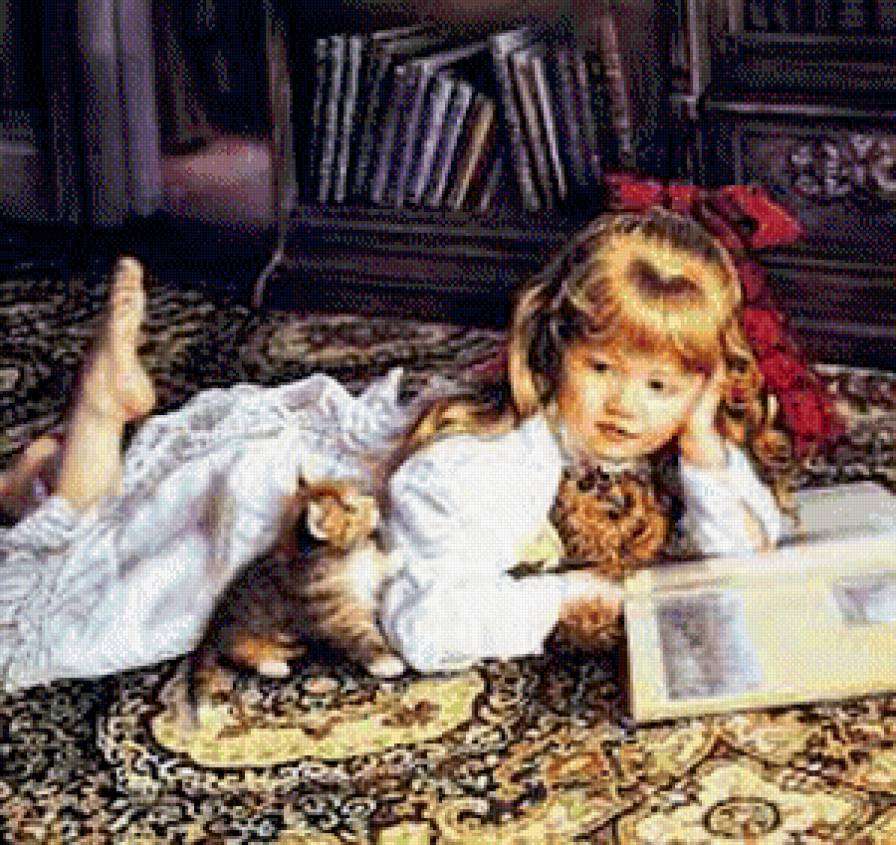 №451107 - девочка, котенок, живопись, детское, читаем, книга, люди - предпросмотр