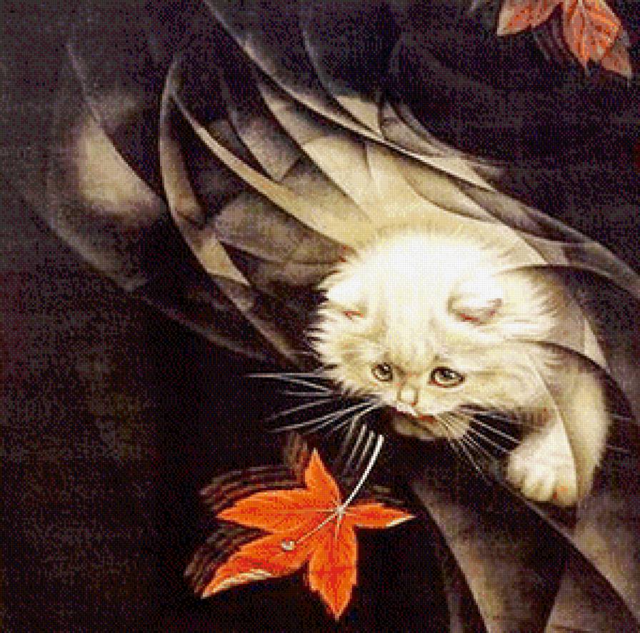 кот и листок часть 1 - осень, лапушка, котенок, восток, живопись, кот, милашка - предпросмотр