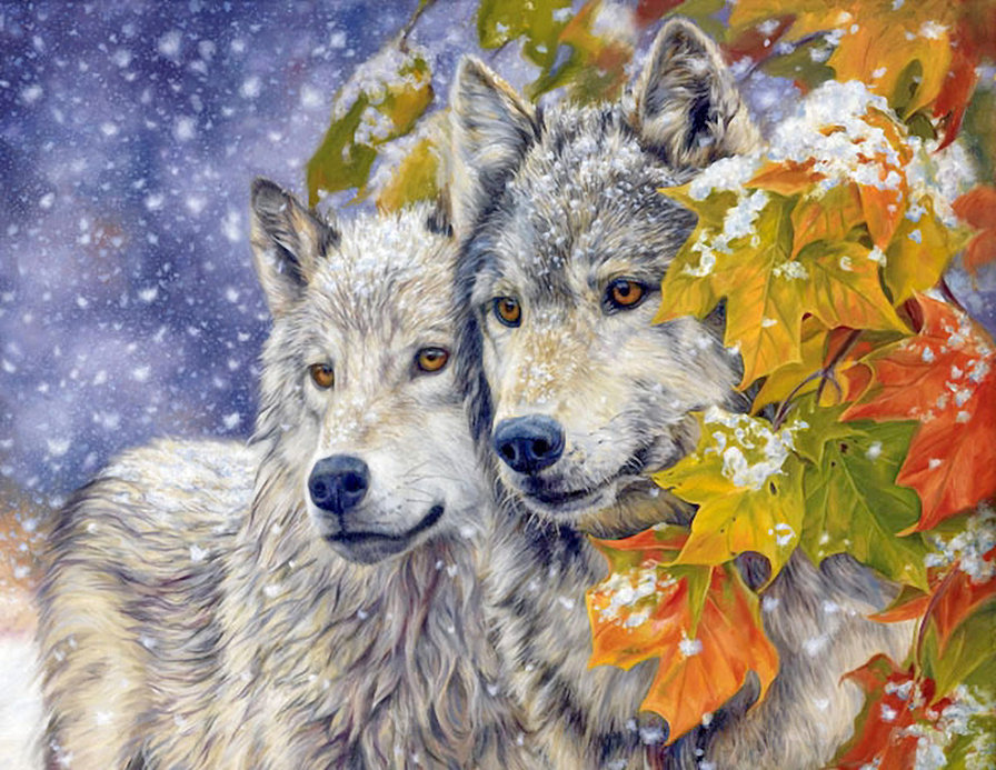 первый снег - взгляд, волк, пара, листья, хищник, осень - оригинал