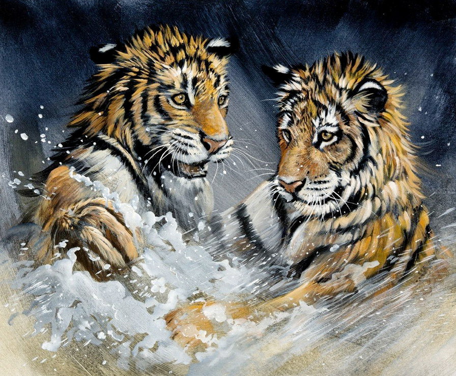 водные игры - хищник, вода, тигренок, друзья, тигр, пара, живопись - оригинал