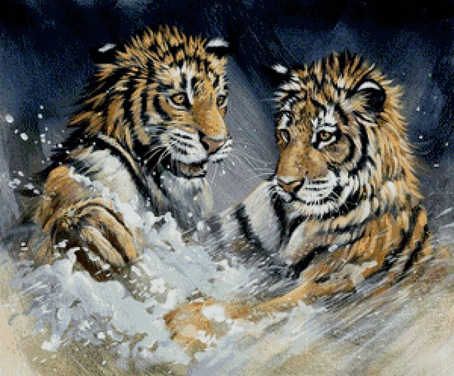 водные игры - вода, хищник, пара, тигренок, тигр, друзья, живопись - предпросмотр