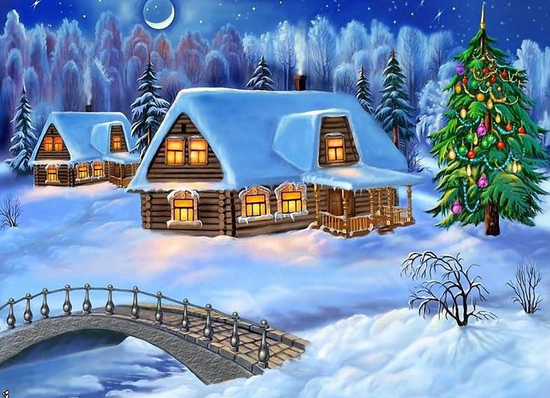 Зимний домик - пейзаж, зима, речка, домик, елочка, мостик - оригинал