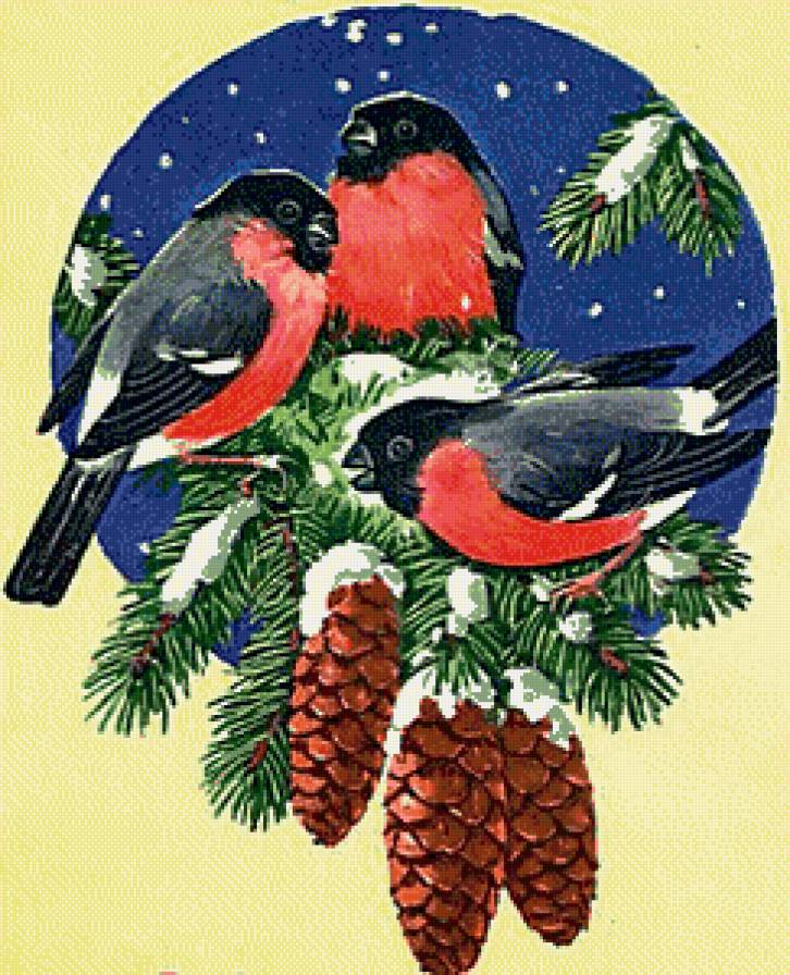 Снегири - птички, снегири, шишки, елка - предпросмотр