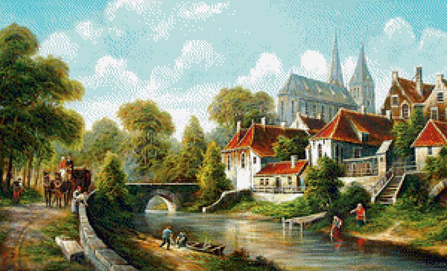 Пейзаж - домики, река, мост, пейзаж - предпросмотр