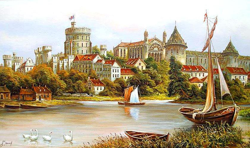 Виндзорский вид - лебеди, река, домики, пейзаж, замок - оригинал