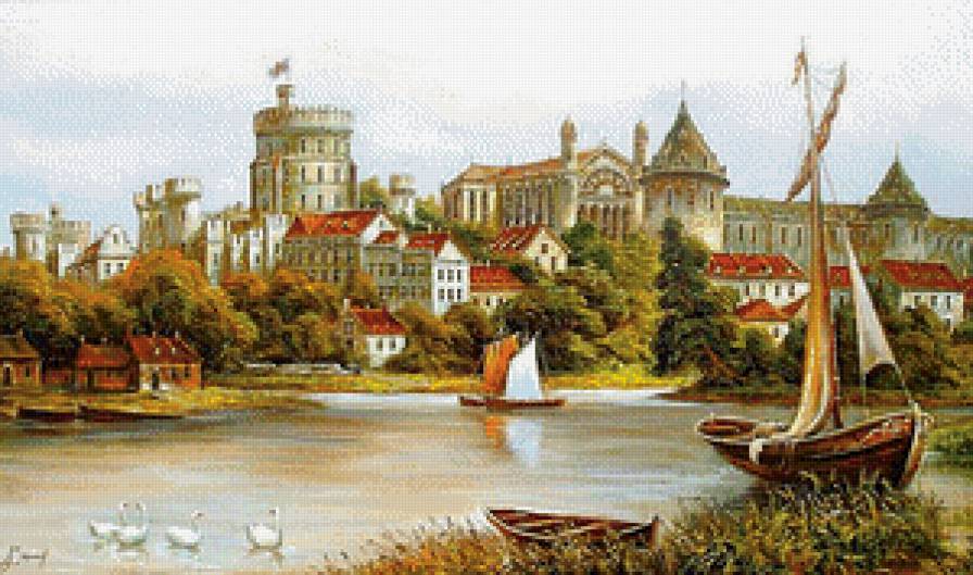 Виндзорский вид - домики, пейзаж, замок, лебеди, река - предпросмотр