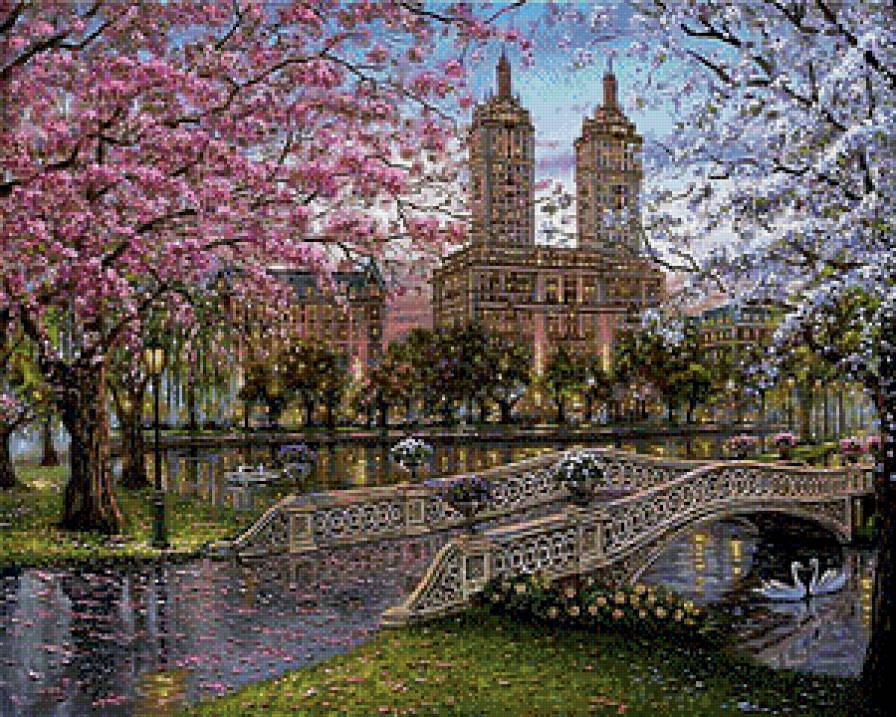 Весна в городе - город, весна, лебеди, дома, река, мост - предпросмотр