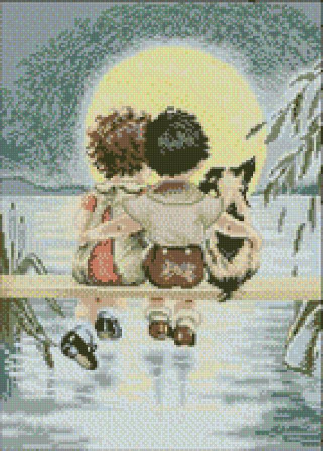 трое - животные, дети, собаки, пейзаж, картины - предпросмотр