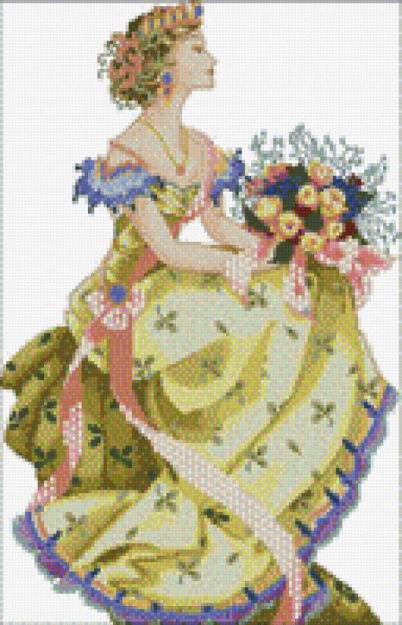 девушка в желтом с букетом - женщина, картина, , красота женщины, девушка - предпросмотр