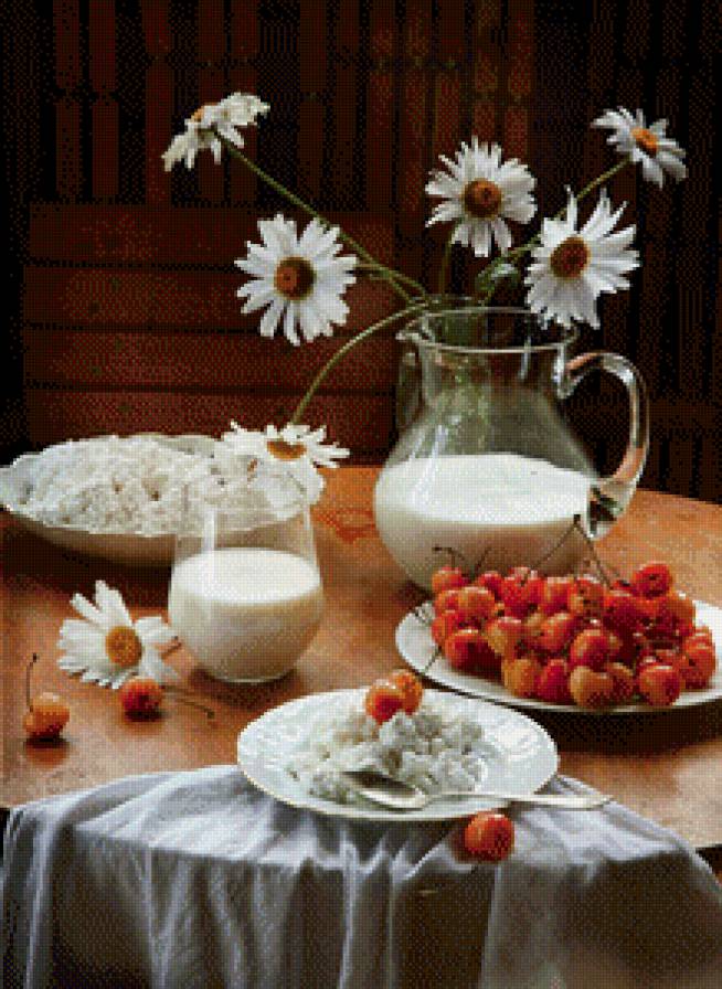 №453262 - черешня, цветы, ромашки, ягоды, натюрморт, букет - предпросмотр