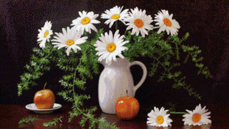 ромашковый натюрморт - ромашки, натюрморт, яблоки, цветы - предпросмотр