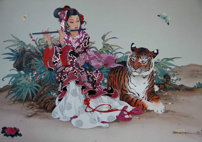 Девушка с тигром - фэнтези, азия, восток, девушка - оригинал